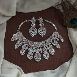 Silver Polish Zircon Choker Set with Long Earrings – AD Necklace in Pink, Mint, Ruby & Green