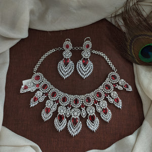 Silver Polish Zircon Choker Set with Long Earrings – AD Necklace in Pink, Mint, Ruby & Green