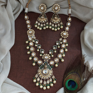 Designer Polki Kundan Double-Layered Necklace Set | Peacock Pendant & Earrings | Green