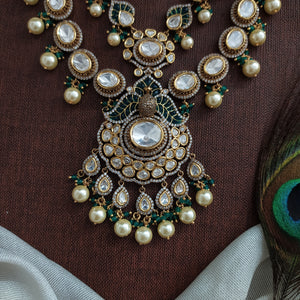 Designer Polki Kundan Double-Layered Necklace Set | Peacock Pendant & Earrings | Green