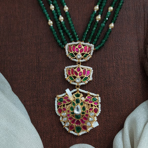 Exquisite Green Beaded Jadau Kundan Pendant Mala | Traditional Necklace
