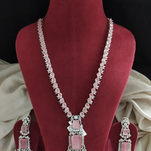 Mid-Length Zircon Necklace Set | Rhodium Silver Finish | Pastel Mint & Baby Pink