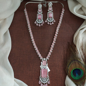 Mid-Length Zircon Necklace Set | Rhodium Silver Finish | Pastel Mint & Baby Pink