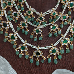 Jadau Kundan Triple-Layer Pearl Necklace | White & Emerald | Traditional Layered Set
