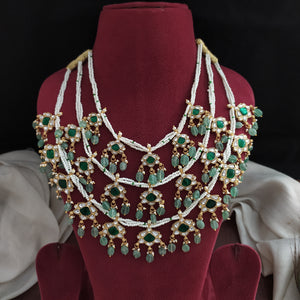 Jadau Kundan Triple-Layer Pearl Necklace | White & Emerald | Traditional Layered Set