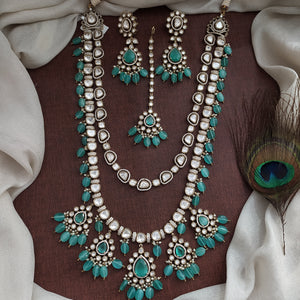 Polki Kundan Double-Layer Long Haram Set | Victorian Finish | Mint Color | With Earrings & Tikka