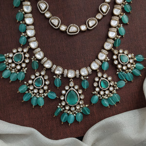 Polki Kundan Double-Layer Long Haram Set | Victorian Finish | Mint Color | With Earrings & Tikka