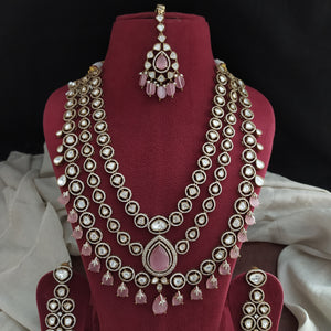 Polki Kundan Layered Mid-Length Set | Baby Pink & Ruby | With Earrings & Tikka
