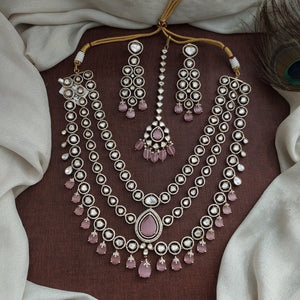 Polki Kundan Layered Mid-Length Set | Baby Pink & Ruby | With Earrings & Tikka