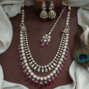 Polki Kundan Double-Layer Long Haram Set | Victorian Finish | Ruby & White | With Jhumki & Tikka