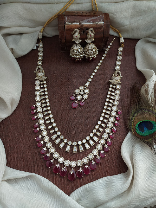 Polki Kundan Double-Layer Long Haram Set Victorian Finish Ruby