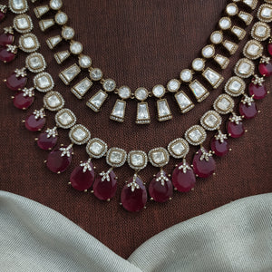 Polki Kundan Double-Layer Long Haram Set | Victorian Finish | Ruby & White | With Jhumki & Tikka