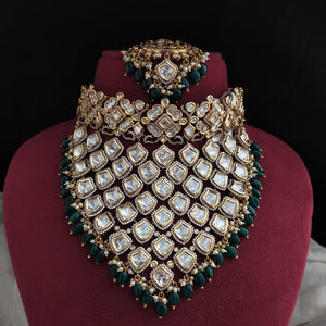 Polki Kundan Emerald Bridal Choker Set | Victorian Finish | With Earrings & Tikka