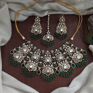 Polki Kundan Emerald Bridal Choker Set | Victorian Finish | With Earrings & Tikka