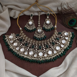 Polki Kundan Emerald Bridal Choker Set | Victorian Finish | With Earrings & Tikka