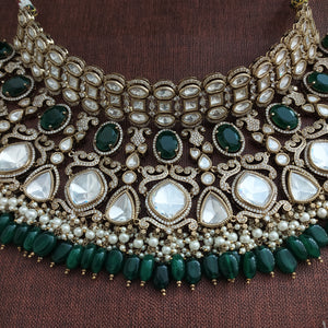 Polki Kundan Emerald Bridal Choker Set | Victorian Finish | With Earrings & Tikka