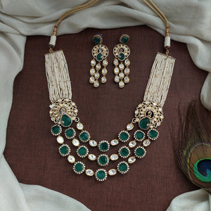 Polki Kundan Layered Necklace Set | Semi-Precious Stones & Pearls | Victorian Finish | Unisex Bridal & Groom Jewellery