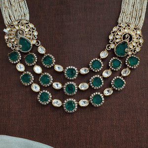 Polki Kundan Layered Necklace Set | Semi-Precious Stones & Pearls | Victorian Finish | Unisex Bridal & Groom Jewellery