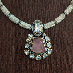 Designer Polki Kundan Hasli Set | Pearl-Embedded | Green, Ruby, Mint & Baby Pink