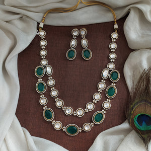 Unisex Polki Kundan Double-Layer Mid-Length Set | Green & Ruby | Victorian Finish