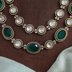 Unisex Polki Kundan Double-Layer Mid-Length Set | Green & Ruby | Victorian Finish