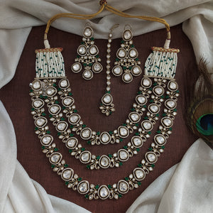 Polki Kundan Triple-Layer Necklace Set | Green & White | With Pearl Work, Earrings & Tikka