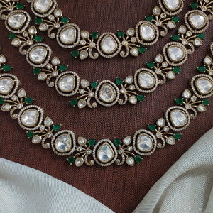 Polki Kundan Triple-Layer Necklace Set | Green & White | With Pearl Work, Earrings & Tikka