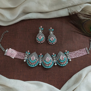 Pastel Beaded Designer Choker Set | Victorian Black Rhodium Finish | Dual & Violet Variants