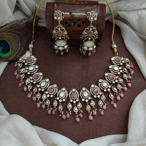 Victorian Moissanite Flexible Necklace Choker Set | With Long Jhumka Earrings | Baby Pink, Mint & White