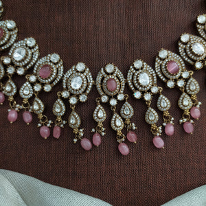 Victorian Moissanite Flexible Necklace Choker Set | With Long Jhumka Earrings | Baby Pink, Mint & White