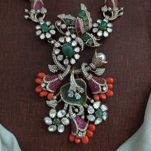 Multi-Color Moissanite Pendant Necklace Set | Pure Silver Replica Design | Zircon & Moissanite Stones