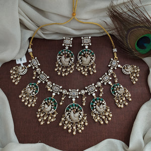 Moissanite Polki Kundan Peacock Pendant Set | Swarovski Pearl Hangings | Semi-Precious Stones