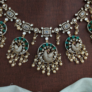 Moissanite Polki Kundan Peacock Pendant Set | Swarovski Pearl Hangings | Semi-Precious Stones