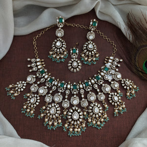 Moissanite Polki Kundan Set | Semi-Precious Stones | Swarovski Pearl Hangings