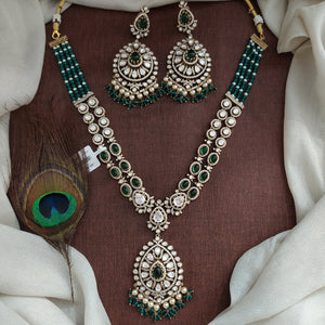 Victorian Double-Layer Moissanite Necklace Set | With Beads & Dangling Earrings | Multiple Colors