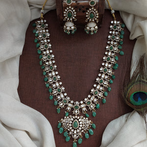 Victorian Moissanite Long Haram Set | White, Mint Green & Emerald Green | Bridal Necklace