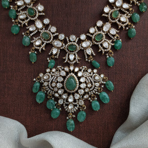 Victorian Moissanite Long Haram Set | White, Mint Green & Emerald Green | Bridal Necklace