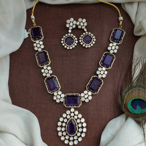 Purple Polki Kundan Moissanite Necklace Set | Statement Bridal Jewellery