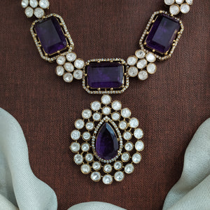 Purple Polki Kundan Moissanite Necklace Set | Statement Bridal Jewellery