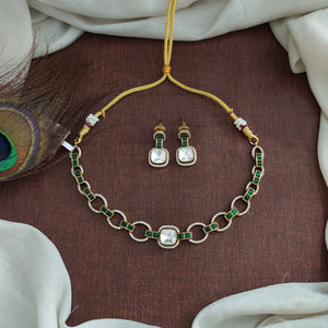 Fusion Designer Kundan Moissanite Necklace | Sleek Close-Neck Design | Green, Ruby & Blue