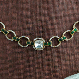Fusion Designer Kundan Moissanite Necklace | Sleek Close-Neck Design | Green, Ruby & Blue