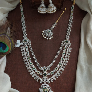 Zircon Layered Necklace Set | Emerald & White CZ Stones | Elegant Diamond Look