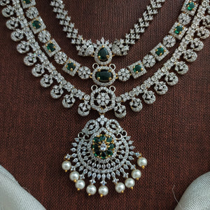 Zircon Layered Necklace Set | Emerald & White CZ Stones | Elegant Diamond Look