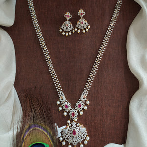 Zircon Long Haram Set | Diamond Finish | Emerald & Ruby Traditional Look