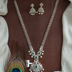 Zircon Long Haram Set | Diamond Finish | Emerald & Ruby Traditional Look