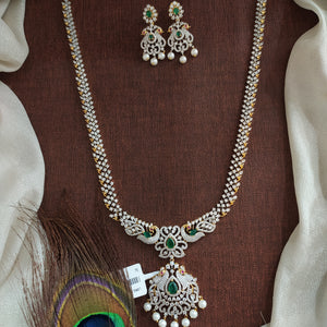 Zircon Long Haram Set | Diamond Finish | Emerald & Ruby Traditional Look