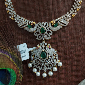 Zircon Long Haram Set | Diamond Finish | Emerald & Ruby Traditional Look