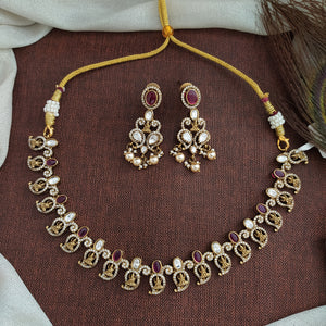 Traditional Mango Design Ruby Necklace Set | Lakshmi Motif | Polki Kundan Stones