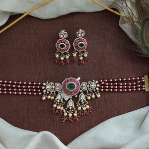 Moissanite Ruby Beaded Choker Set | Victorian Finish | Elegant Bridal Jewelry