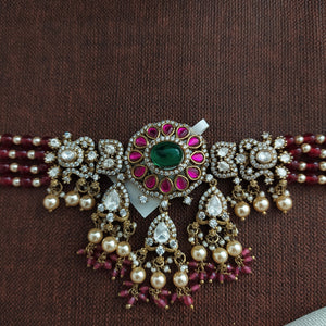 Moissanite Ruby Beaded Choker Set | Victorian Finish | Elegant Bridal Jewelry